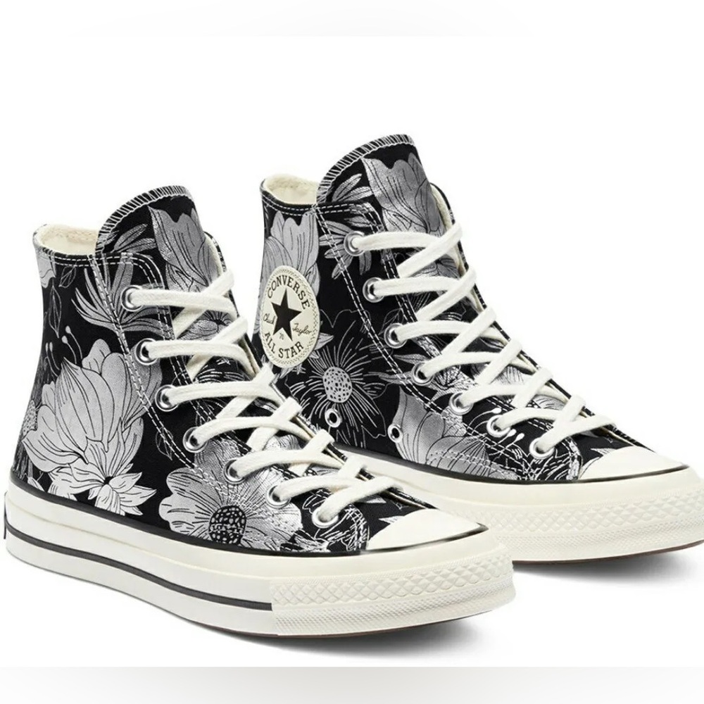 Black and Silver Floral HighTop Converse size 8.5